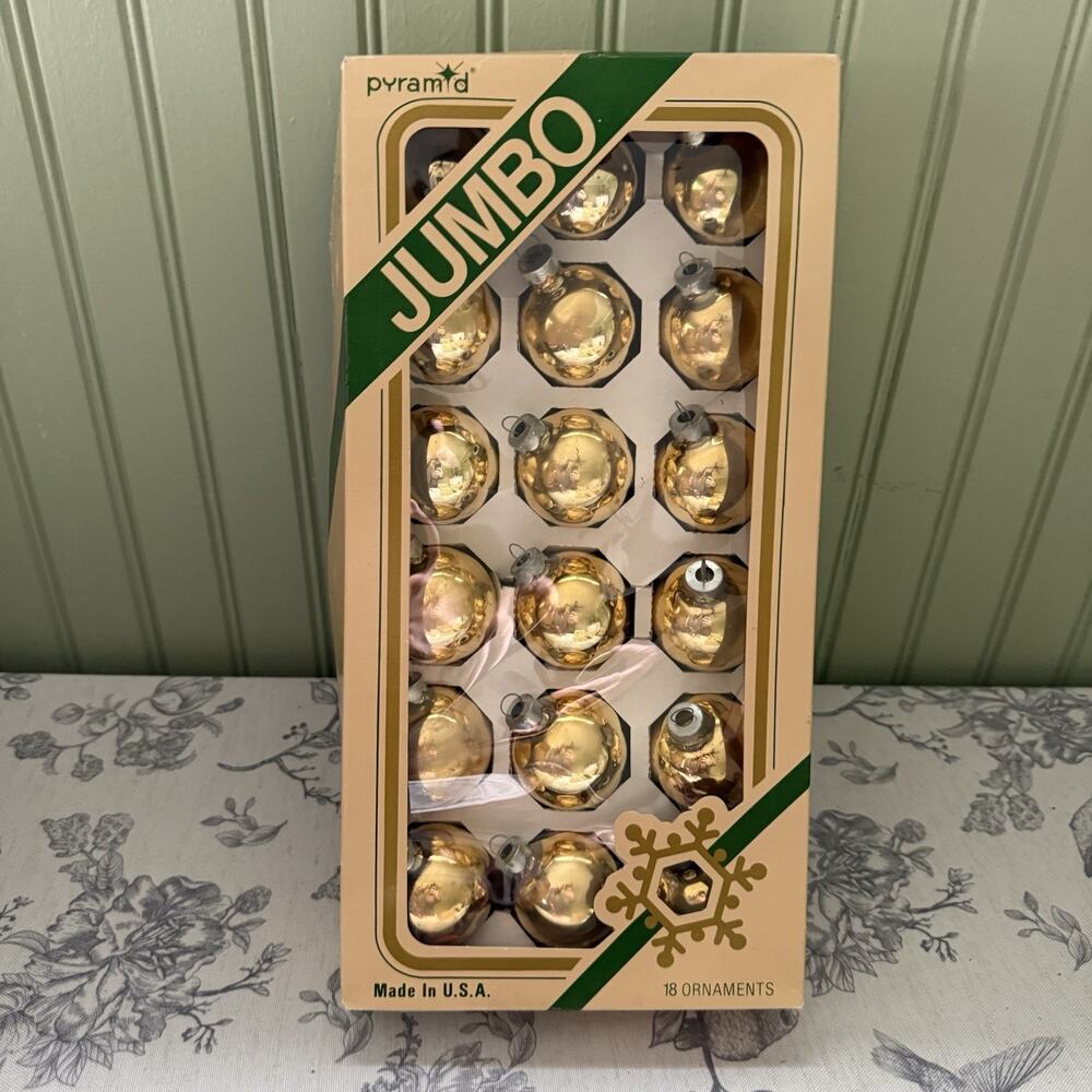 Vtg 80s Pyramid Gold Glass Round Ornament Jumbo Pack 18 Ornaments USA Made Retro